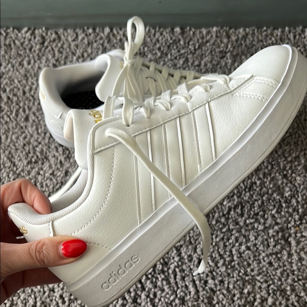 Adidas White Sneakers with Gold Logo